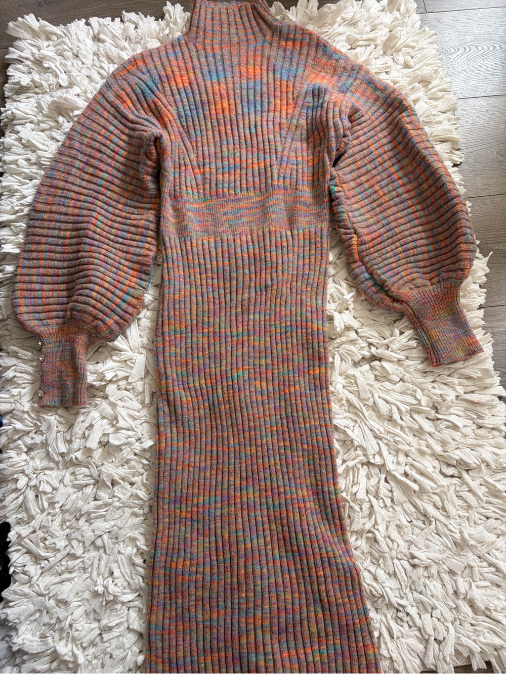 Ribbed Balloon Sleeve Knit Midi Dress in Multicolor Heather